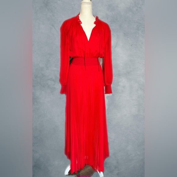 Alice + Olivia Vernia Blouson Sleeve Pleated Ruby Red Maxi Dress - Picture 4 of 4